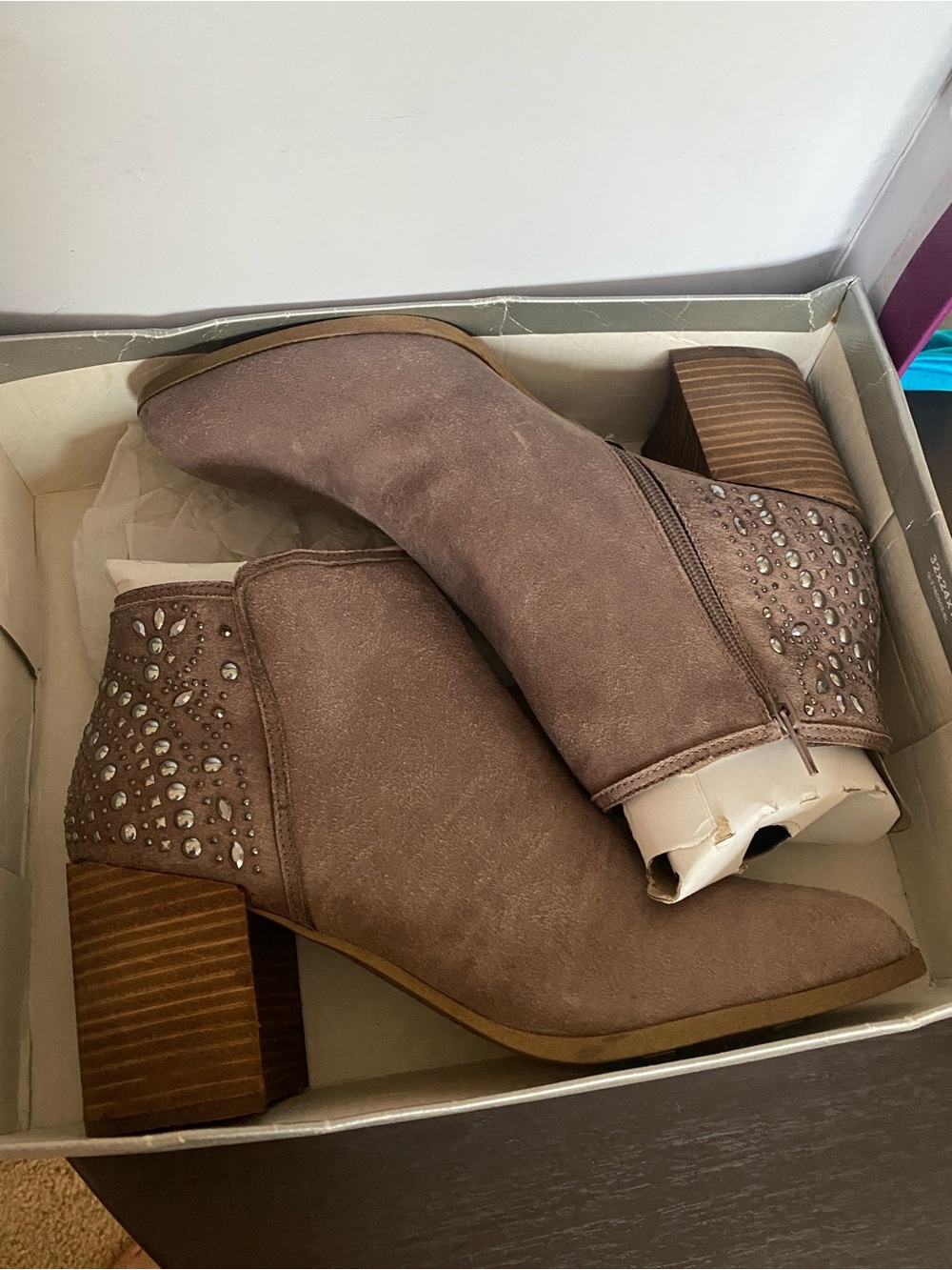 Fergie Taupe Suede Ankle Boots with Studded Heel
